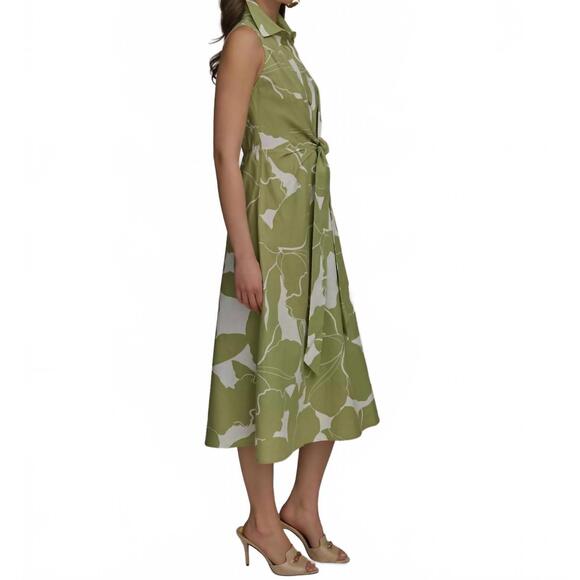 NEW DONNA KARAN printed linen blend shirt dress in green - Picture 3 of 6